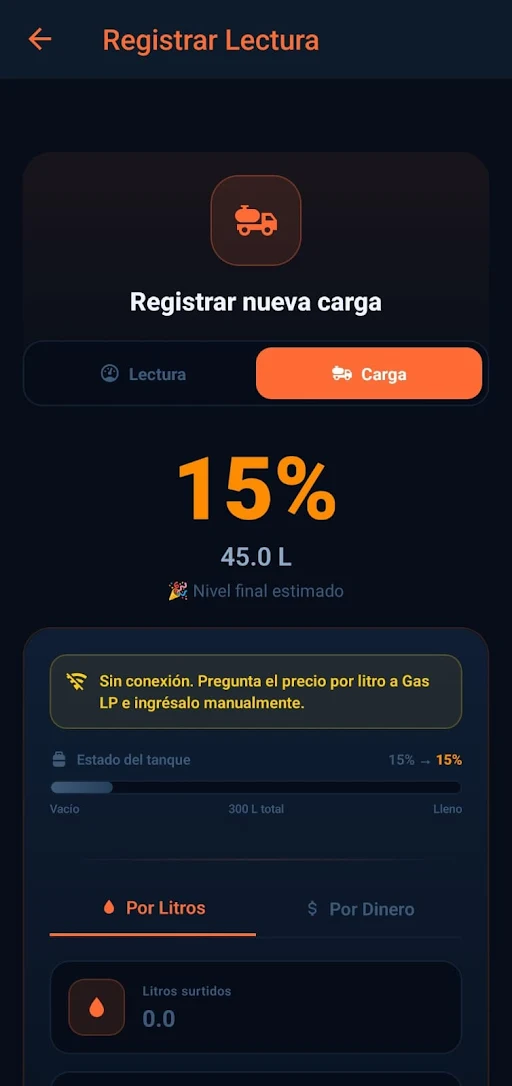 Registrar nueva carga de gas